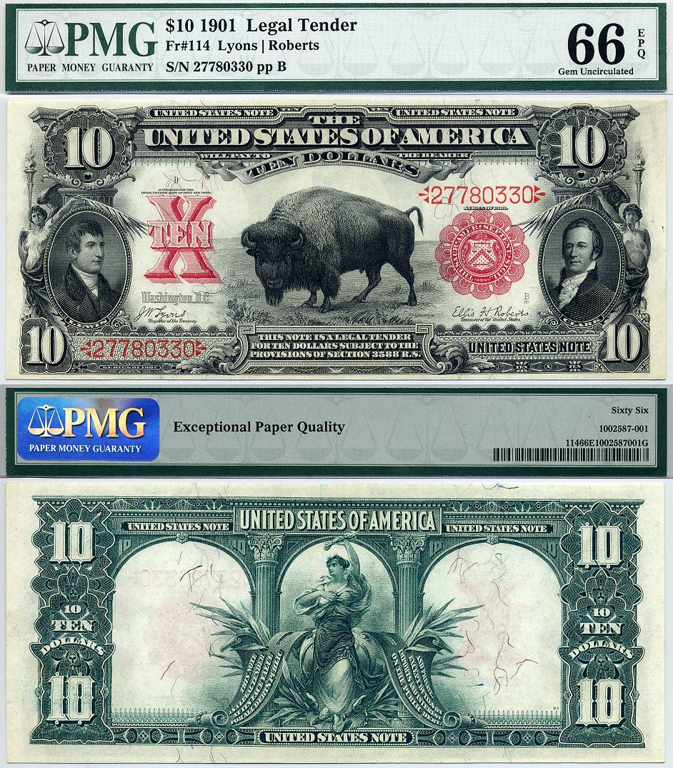 1901 $10 Legal Tender Note FR-114 PMG Graded Gem66EPQ United States AKA ...